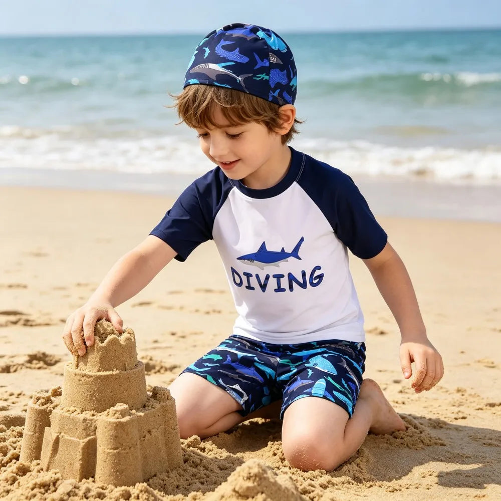 Kids Swimming Suits Children Swimsuit Boys Swimwear Set Cartoon Beachwear Surf Bathing Outfits for 4 5 6 7 8 9 10 11 12 13 Years