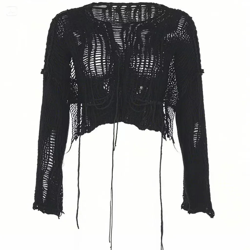 Y2k Cropped Hole Sweater Sexy Gyaru Hollow Out Knit Pullovers Goth Korean Long Sleeve Jumper Summer Fashion Sheer Knitwears Tops