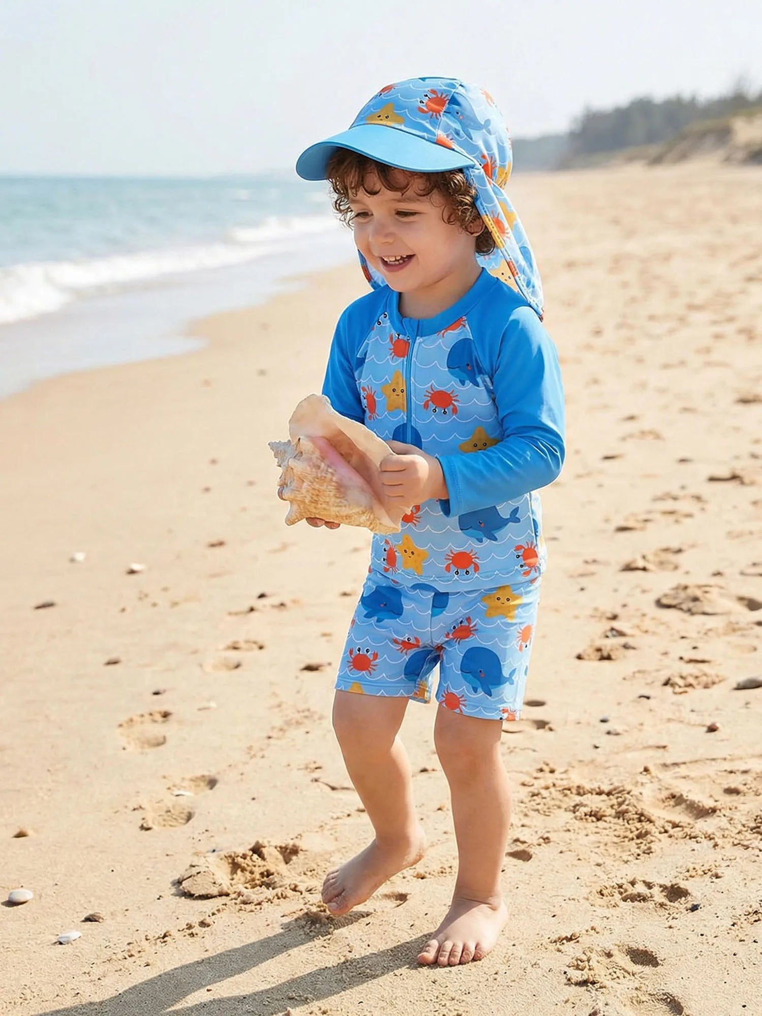 3Pcs Toddler Boy Swimsuit Set Long Sleeve Crew Neck Marine Animal Print Tops Swim Trunks and Hat Rash Guard Bathing Suit