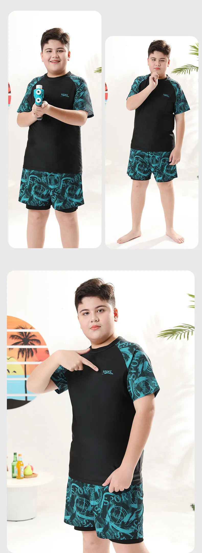 Children's Swimwear with Cap, Split Body, Short Sleeve, Two Piece Swimsuit for Men, Teenagers, Boys, New, Hot Spring Set, 2024