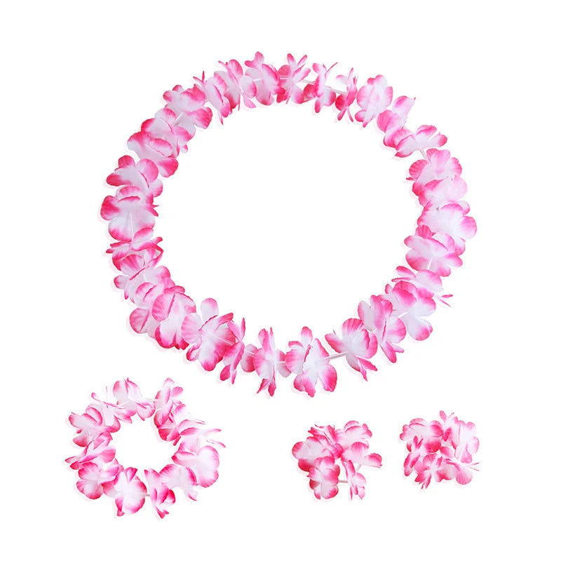 4Pcs/set Hawaiian Artificial Flowers Leis Necklace Garland Headband Wedding Birthday Beach Tropical Party Decoration