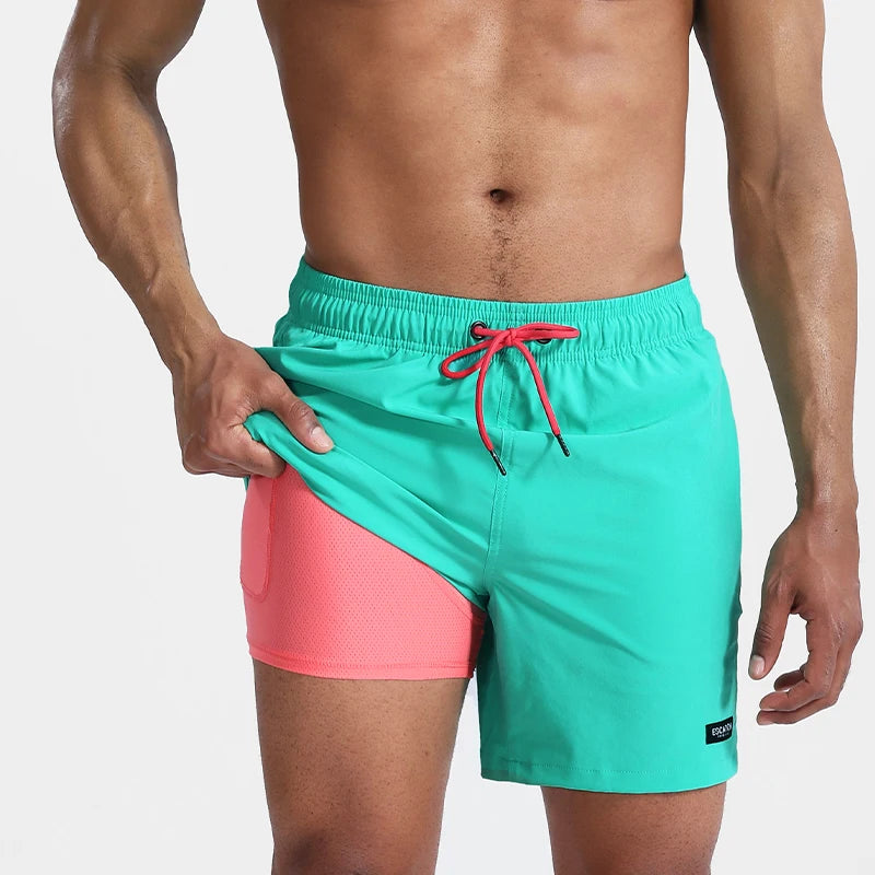 ESCATCH 2026 Latest Mens Shorts Breathable Long Lining Quick-Dry Sports Swim Traje De Baño Hombre Zipper Pockets Beach Shorts