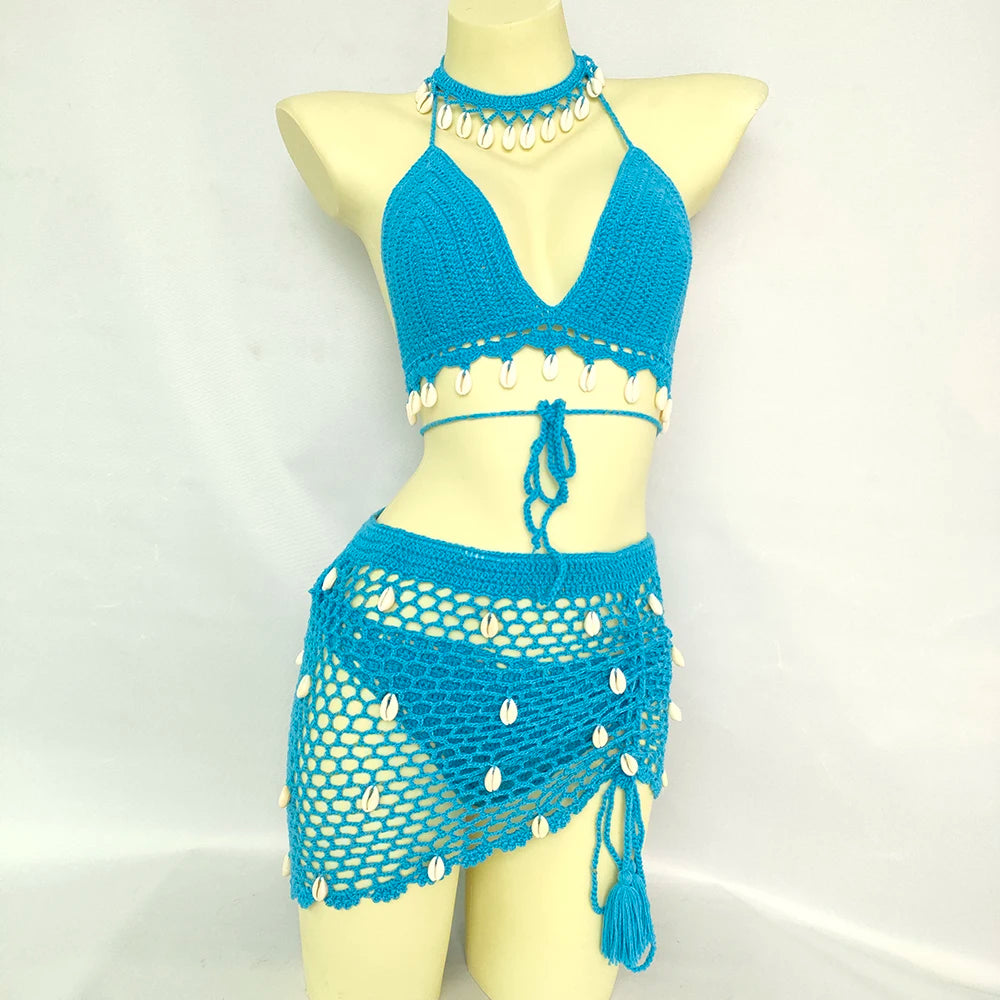 Women Beach Wear Swimsuit Cover-Ups Boho Summer See-Through Hollow Out Bandage High Waist Short Beach Skirt Crochet Knit Skirts