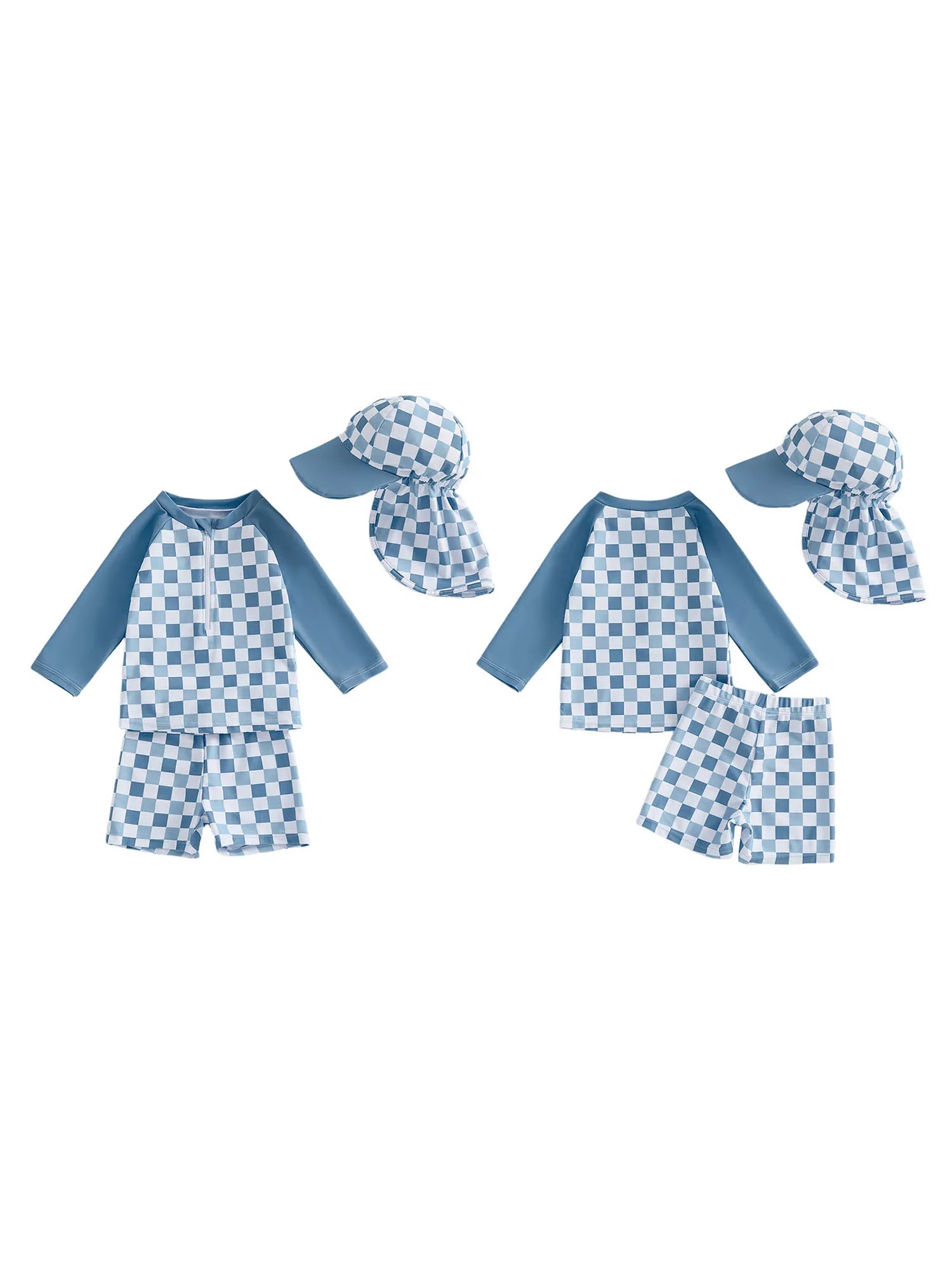 1-4T Toddler Boy Swimsuit Set Checkered Long Sleeve Rash Guard Swim Tops Swim Shorts and Sun Hat 3 Piece Outfit
