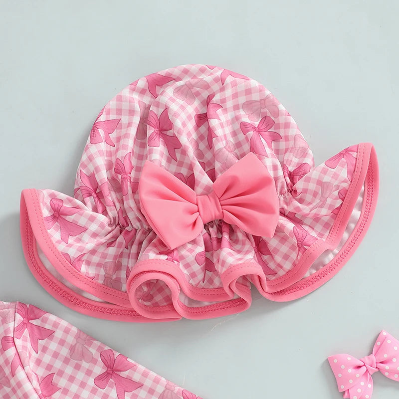 1-4T Children Baby Girl Rash Guard Swimsuit Long Sleeve Bow Plaid Print Bathing Suit Infant Swimwear with Sun Hat