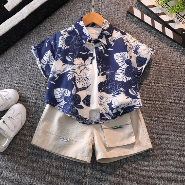 Retro Floral Print Boy's Short Sleeve Shirt Kids Summer Clothing Trendy Stylish Beach Vacation Top for Children Ages 3-10