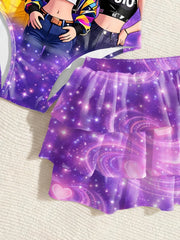 Kids Girls 2-Piece Anime Girl Print Ruffle One-Piece Swimsuit & Tiered Skirt Shorts Set Summer Beach Pool UPF 50+ Quick Dry Swim