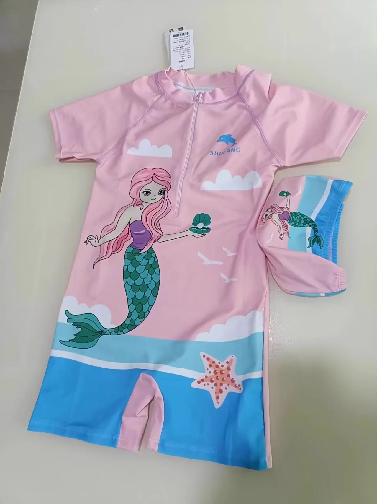 Girls Swimsuits One-Piece Bathing Suits with Hat Summer Beach Water Sport Short Swimsuit with Cartoon Pattern for 2-13 Years Old
