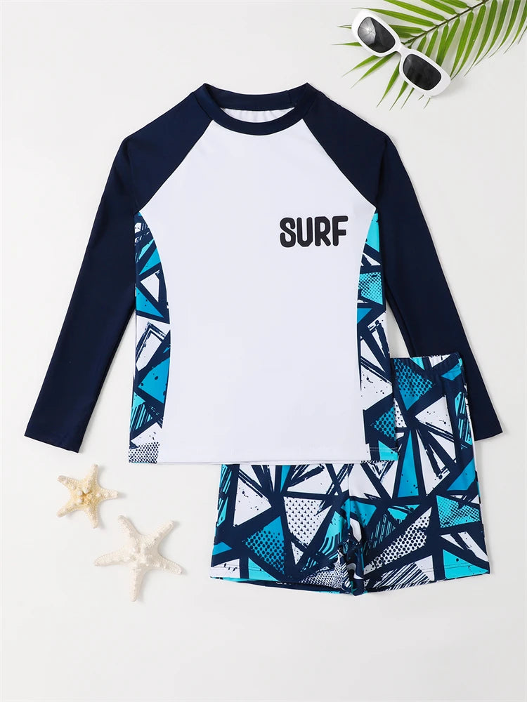 Boy Swimsuit 2026 New Geometry Print Long Sleeve Children Swimwear Summer Two Piece Kids Beach Wear Swimming Bathing Suit Men's