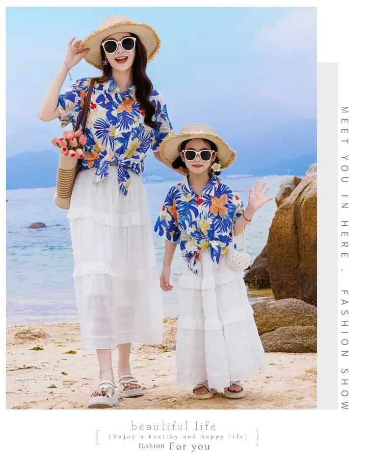Vacation Family Matching Clothes Sets Mom Daughter Shirts Skirt Casual Dad Son Tops Shorts Resort Parent Child Two Piece Outfit