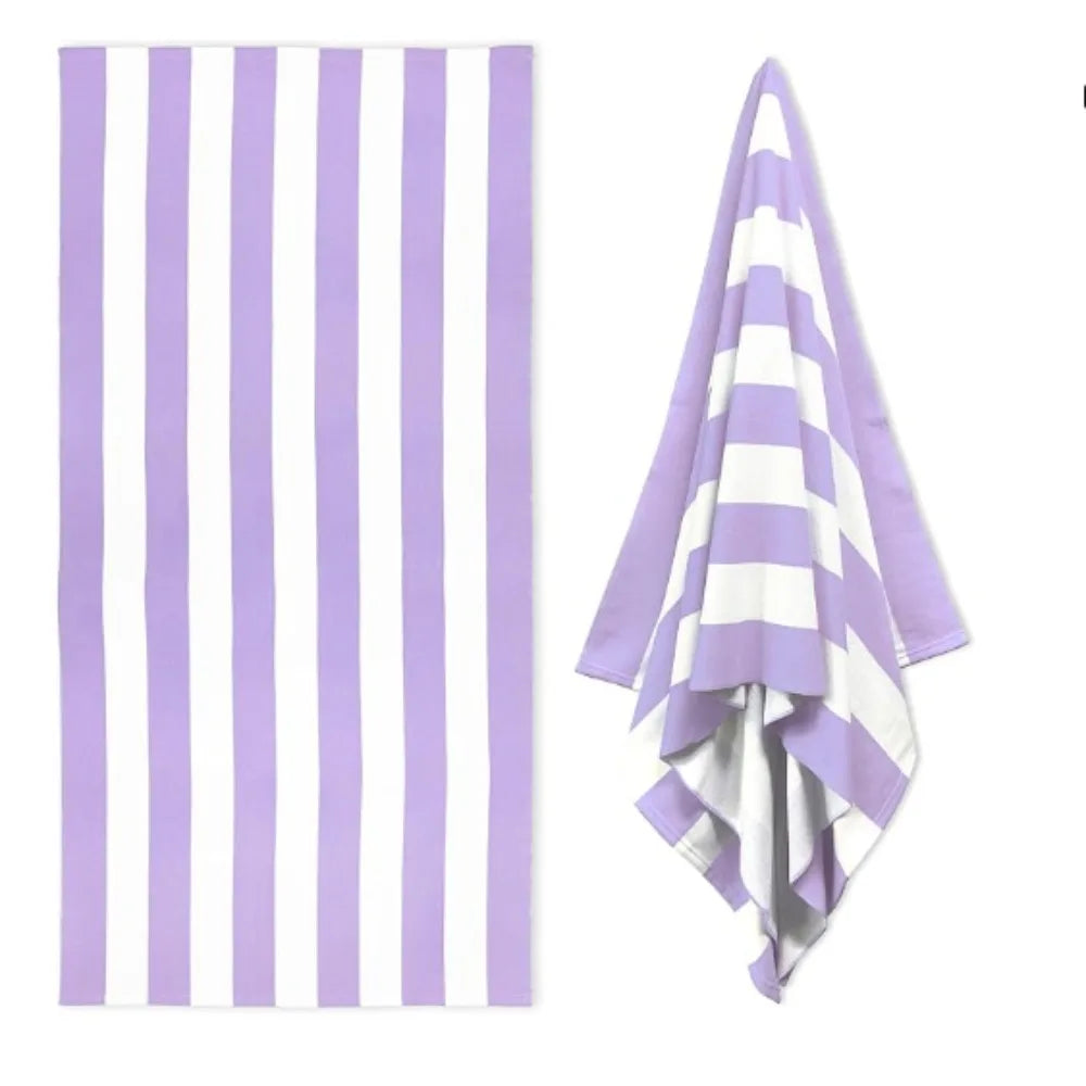 Pastel Cabana Stripe Beach Towel, Quick Dry Soft Cotton, Lavender, Pink & Yellow Striped Design for Summer Pool Use