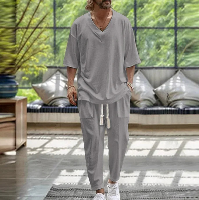 Summer Casual Trousers Set Cotton Linen 2 Piece Men's V-neck Short Sleeve T-shirt and Pants Hawaiian Beach Cotton and linen Set