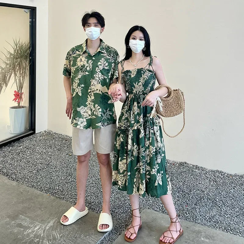 Holiday Family Matching Beach Clothes Couple Vacation Look Mom  Dress Resort Dad Son Print Shirts Outfits Daughter Smock Green