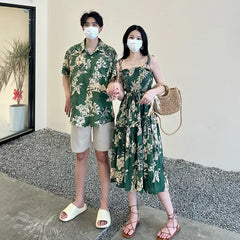 Holiday Family Matching Beach Clothes Couple Vacation Look Mom  Dress Resort Dad Son Print Shirts Outfits Daughter Smock Green