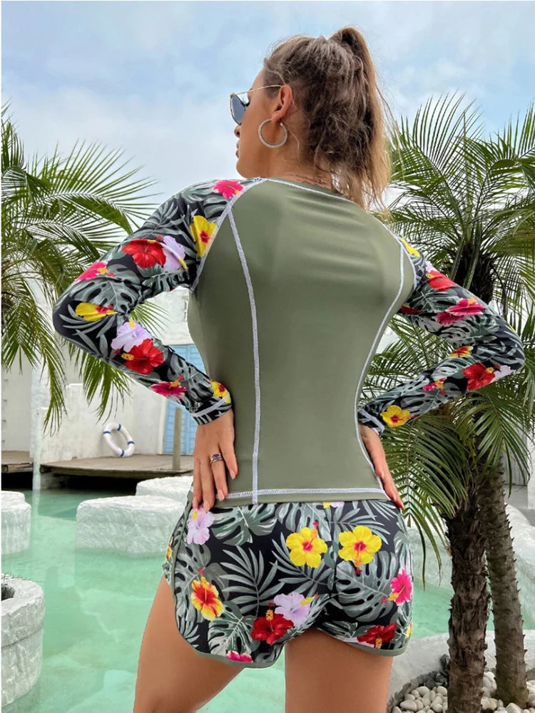 New Tankini Women Swimsuit Tropical Print Bikini Set Long Sleeve Swimwear Summer Shorts Beachwear Female Bathing Suit