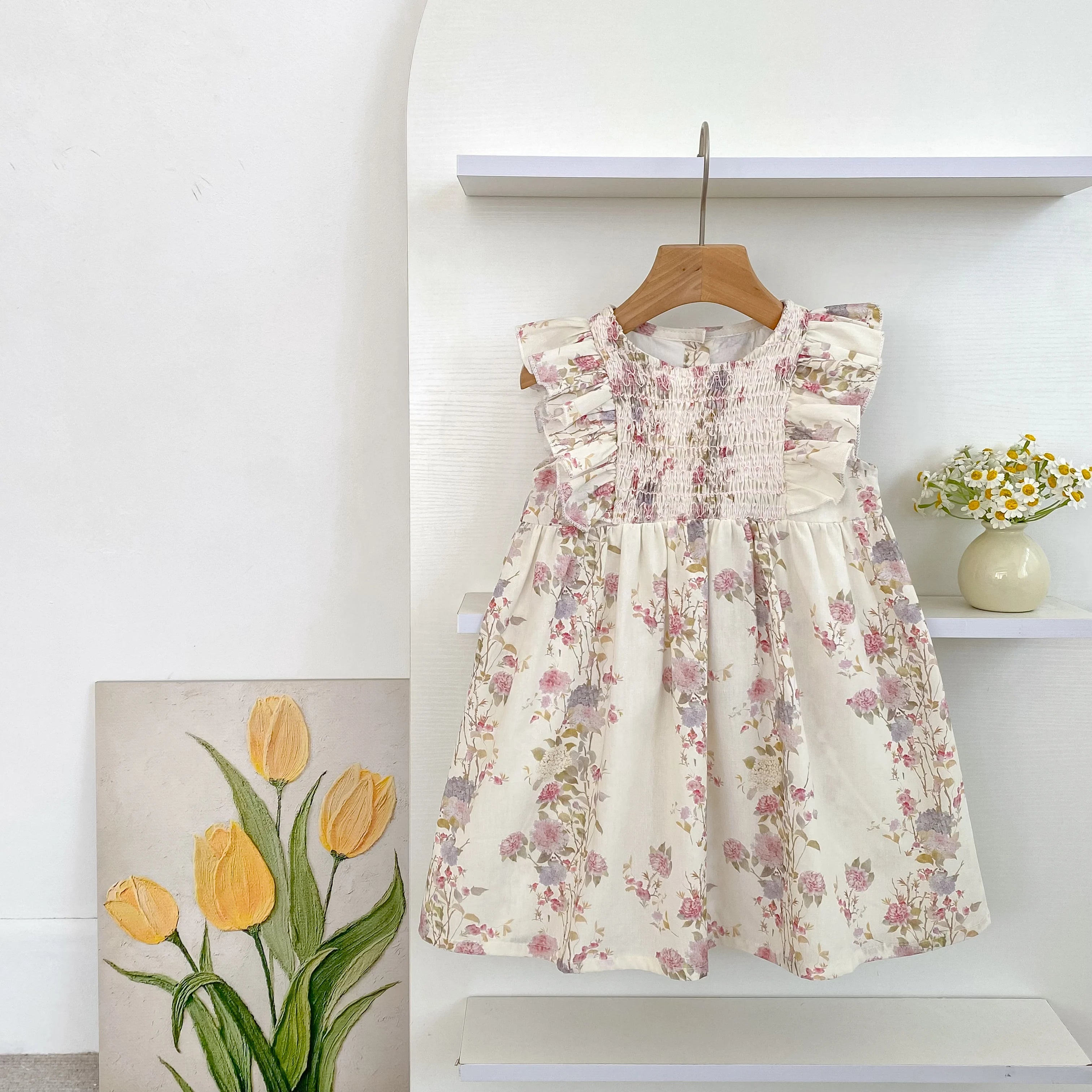 Girls Pink Floral Dress Ruffle Baby Romper Dress Summer Kids Short Sleeve Beach Dresses Toddler Bodysuit Sister Family Clothes