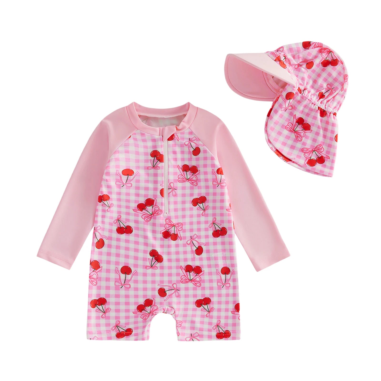 3M-3T Toddler Girl Rash Guard Swimsuit Strawberry/Bow/Cherry Print Long Sleeves Front Zipper Bathing Suit with Hat
