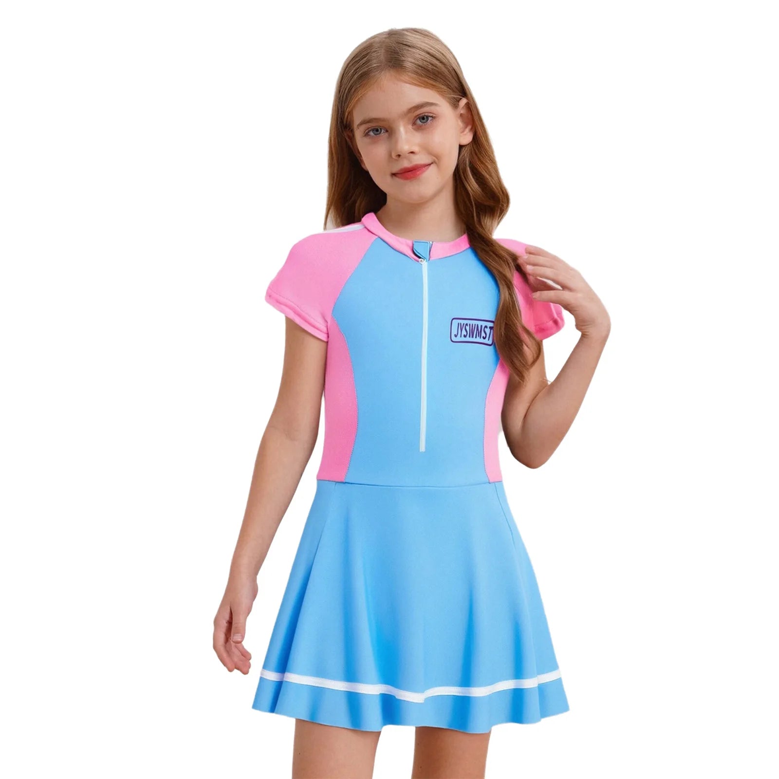 Fashion Girls One Piece Swim Dress Short Sleeve Color Block Swimsuit with Chest Pads Front Zipper And Safety Shorts Beachwear