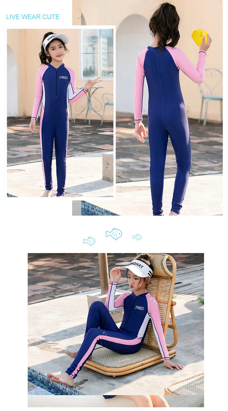 One Piece Girls Swimwear Full Cover Long Sleeve Swimsuit Kids Sun Protection Swimming Suit Teenage Korean Style Bathing Suit