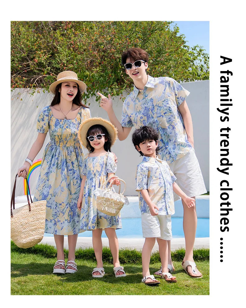 Vacation Couple Family Matching Outfit Dad Son Beach Shirts Mom Daughter Smock Dress Korean Parent-child Sister Brother Clothes