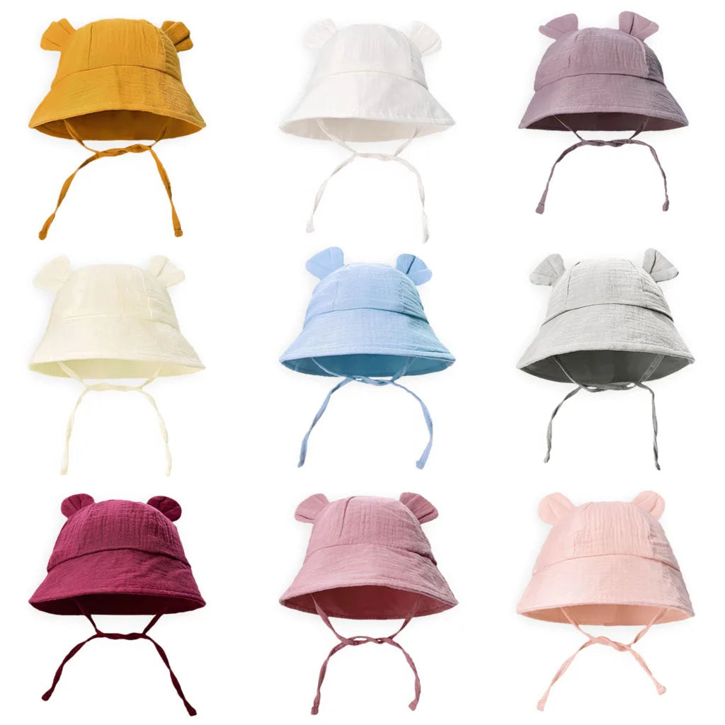 INS Summer Baby Solid Color Gauze Basin Hat New Rabbit Ear Fisherman Hat for Kids Sun Hat