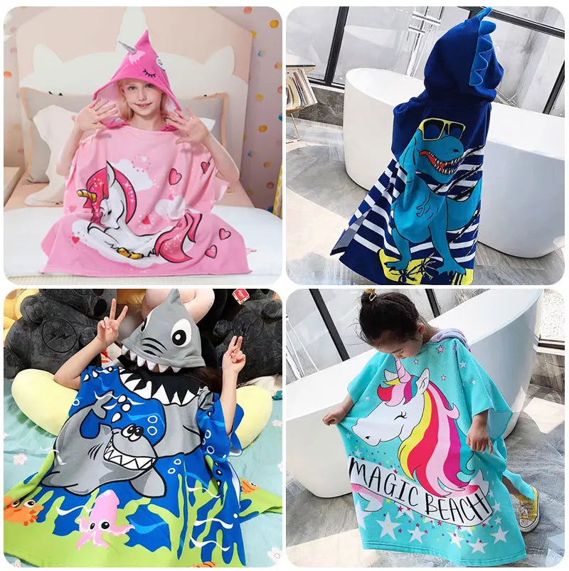 Baby Cartoon Printing Bathrobe Girls Unicorn Beach Towel Boy Shark Dinosaur Bath Towel Kids Hooded Cape Towel Children Bath Item
