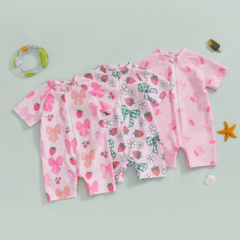 0-3Years Baby Boy Girl Rash Guard Swimsuits Fashion Print Short Sleeve Zip Up Rompers Bathing Suit Toddlers Swimwears Beachwear