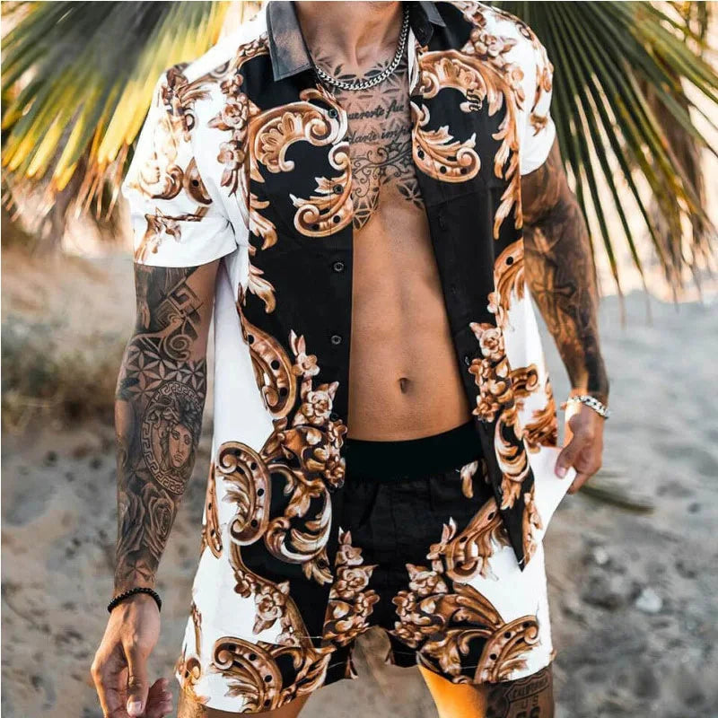Men Hawaiian 2Pcs Sets Summer 3D Printing Short Sleeve Shirt Beach Button Shorts Streetwear Shirt Holiday Men's Two Piece Suit