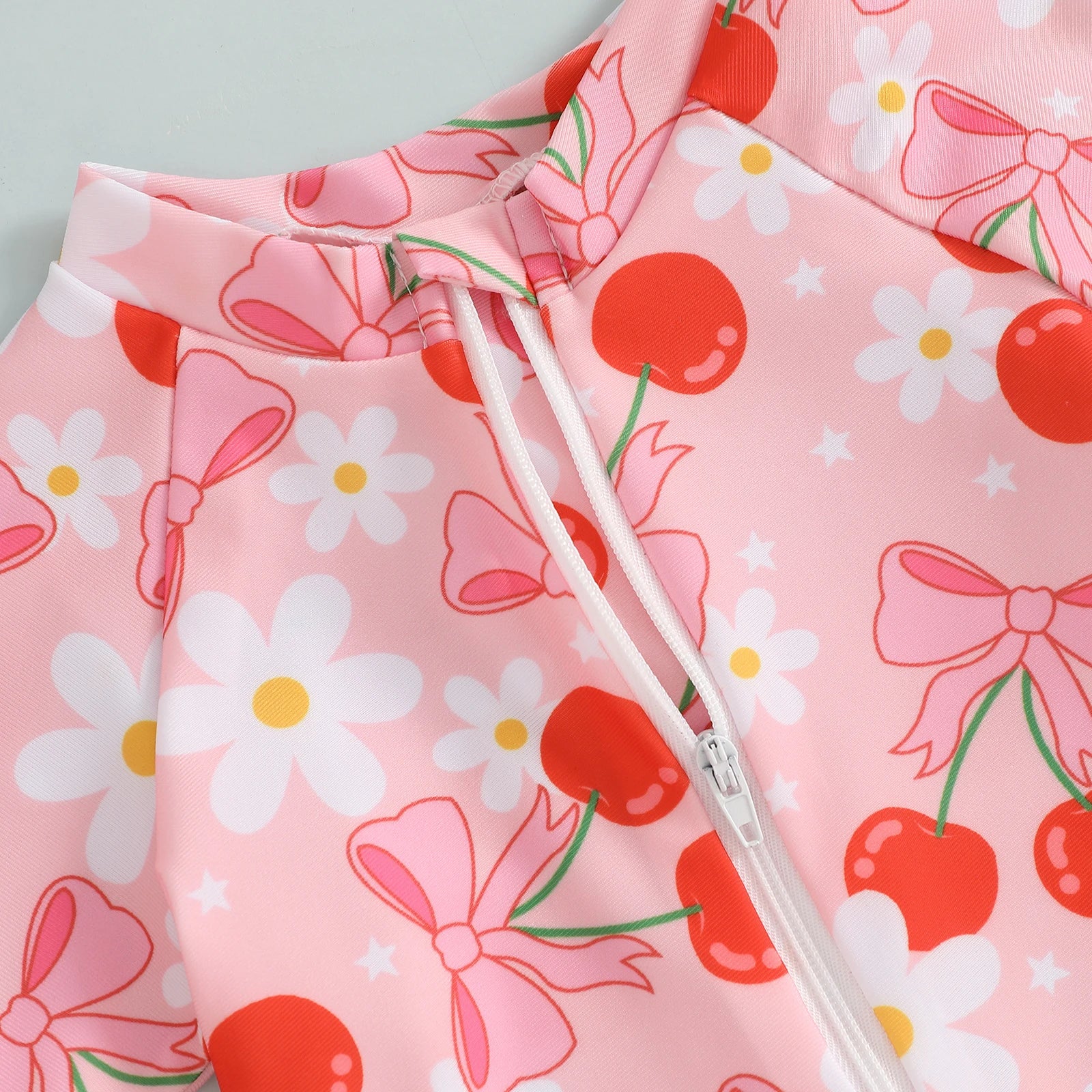 Summer Toddler Baby Girl Short Sleeve Swimwear Bathing Suit Infant Rash Guard Swimsuit Kids Cherry/Bow Print Zipper Beachwear