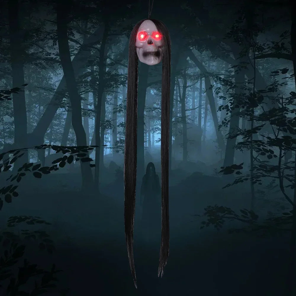 Halloween Hanging Ghost Skull with Long Hair Glowing Eyes Terror Skull Ghost House Head Skeleton Props 2024 Halloween Decoration