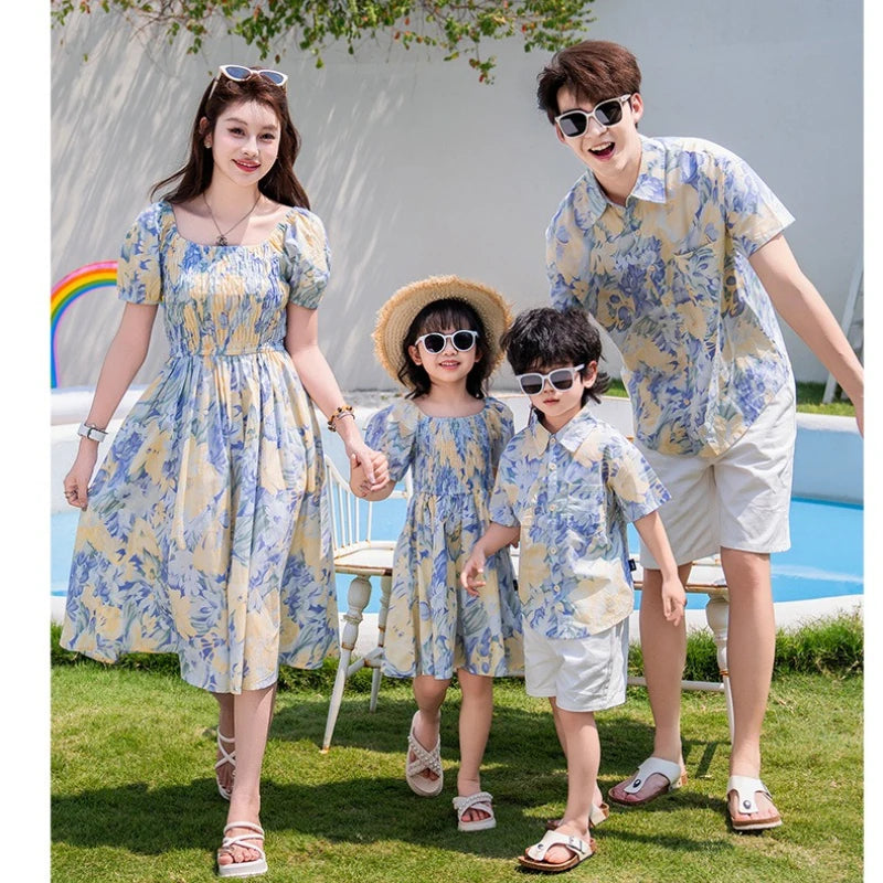 Vacation Couple Family Matching Outfit Dad Son Beach Shirts Mom Daughter Smock Dress Korean Parent-child Sister Brother Clothes