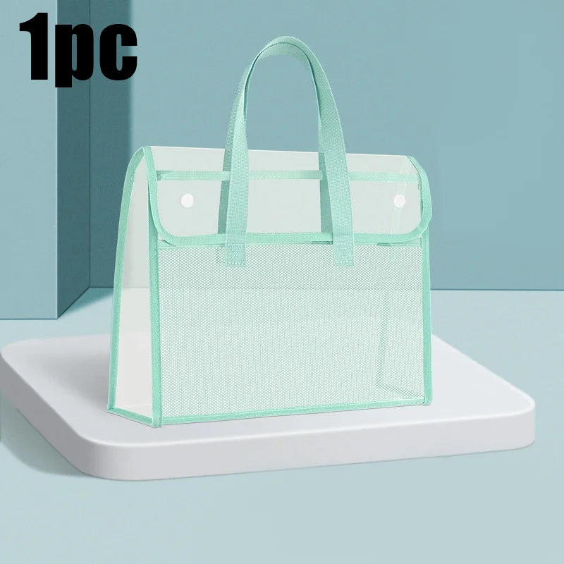 Clear Transparent PVC Tote Bag Large Capacity Waterproof Mesh Pocket Reinforced Handle for School Commute Beach