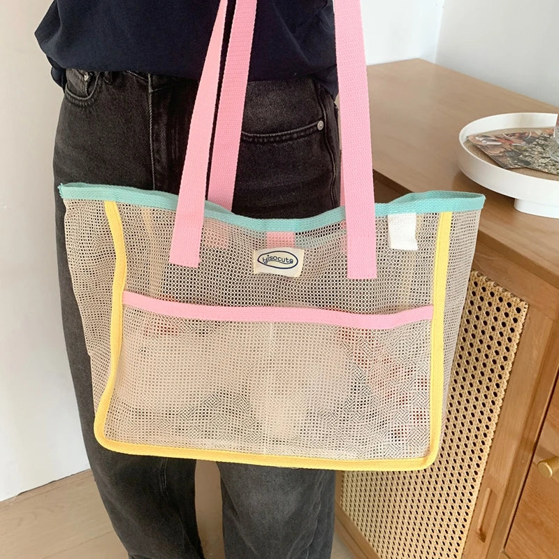 Ladies Summer Transparent Mesh Breathable Handbag Outdoor Beach Shower Handbag Large Capacity Beach Bags Portable Swimming Tote