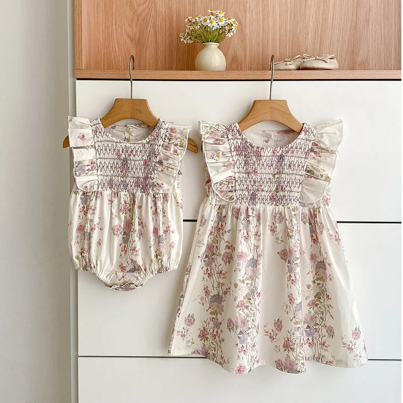 Girls Pink Floral Dress Ruffle Baby Romper Dress Summer Kids Short Sleeve Beach Dresses Toddler Bodysuit Sister Family Clothes