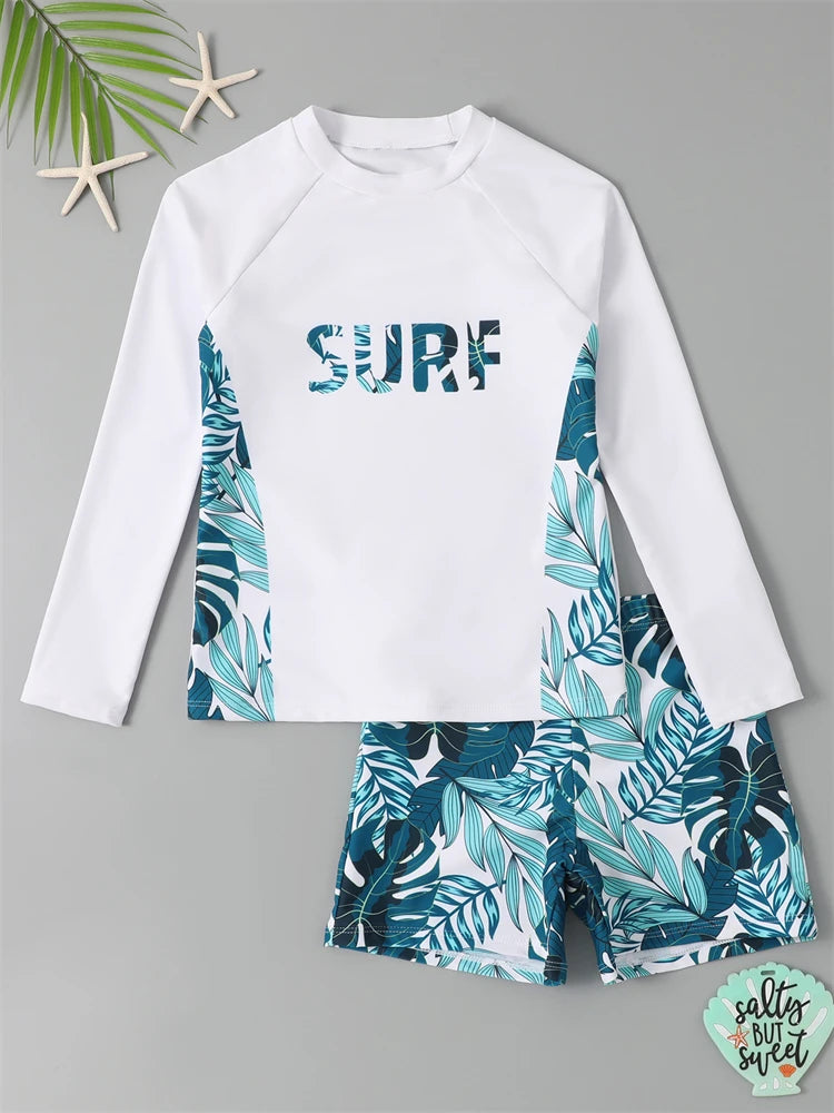 Boy Swimsuit 2026 New Geometry Print Long Sleeve Children Swimwear Summer Two Piece Kids Beach Wear Swimming Bathing Suit Men's