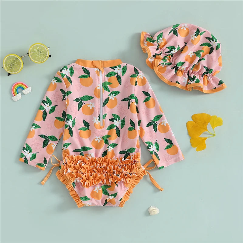 Infant Toddler Newborn Baby Girl Swimsuits Flower Fruit Print Ruffles Rash Guard Swimwear and Swim Cap for Toddler Bathing Suits