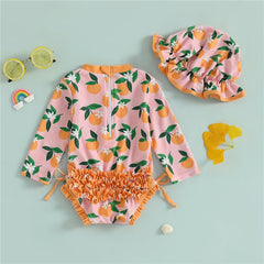 Infant Toddler Newborn Baby Girl Swimsuits Flower Fruit Print Ruffles Rash Guard Swimwear and Swim Cap for Toddler Bathing Suits