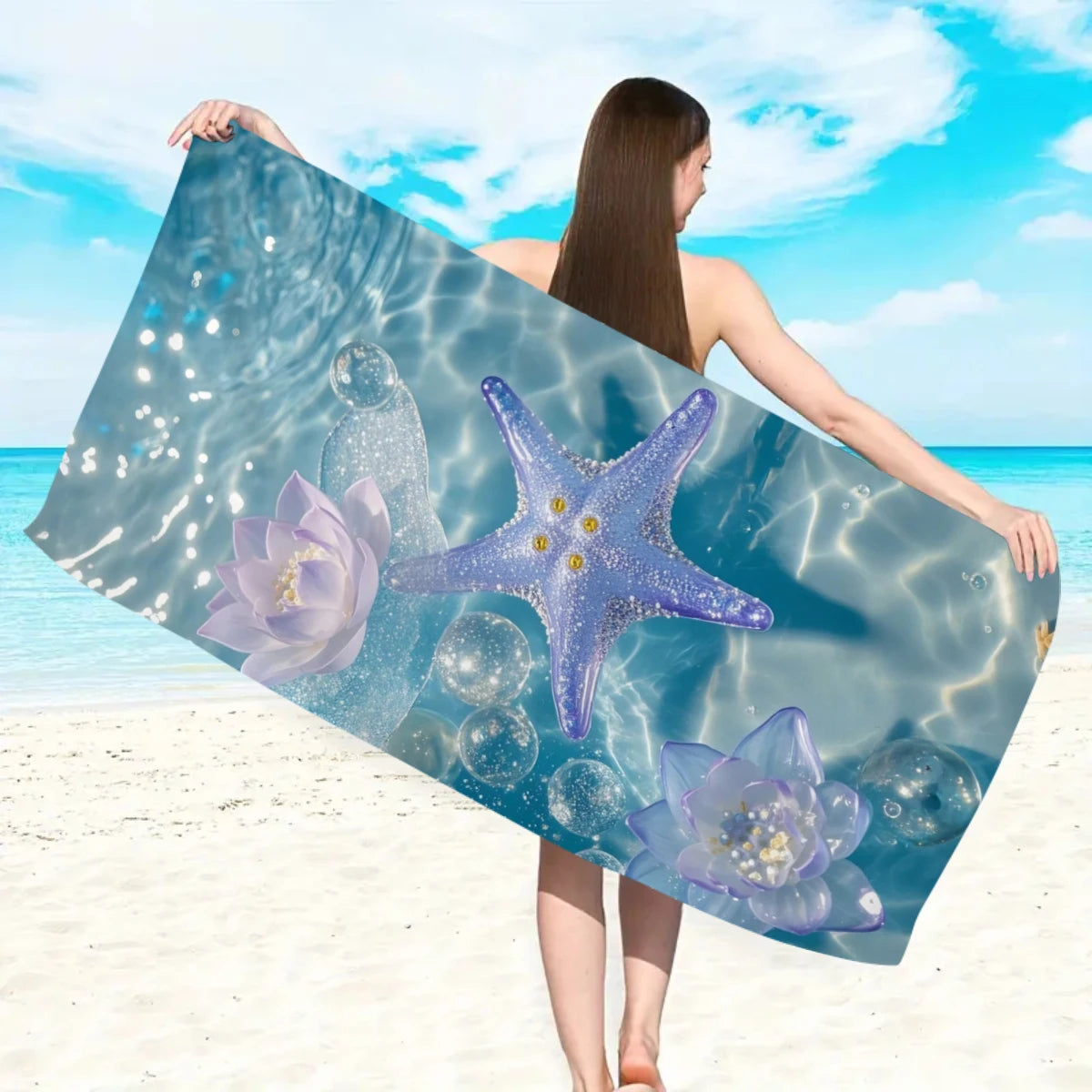 1pc Ocean element beach towel, suitable for outdoor sports, swimming, and fitness center multifunctional beach towel