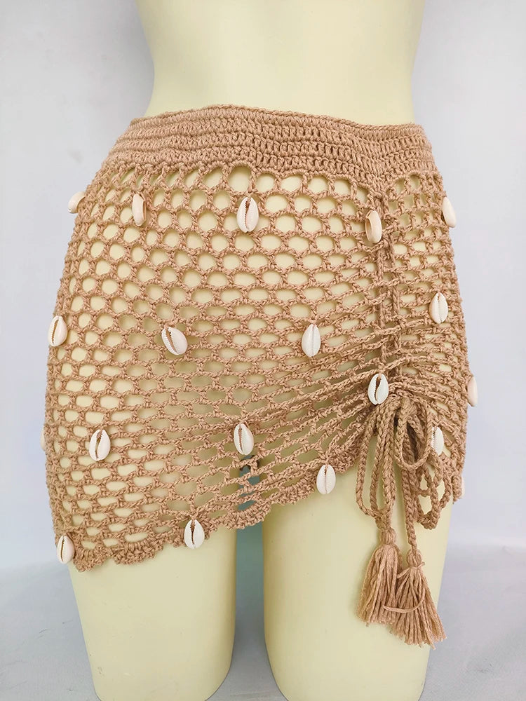 Women Beach Wear Swimsuit Cover-Ups Boho Summer See-Through Hollow Out Bandage High Waist Short Beach Skirt Crochet Knit Skirts