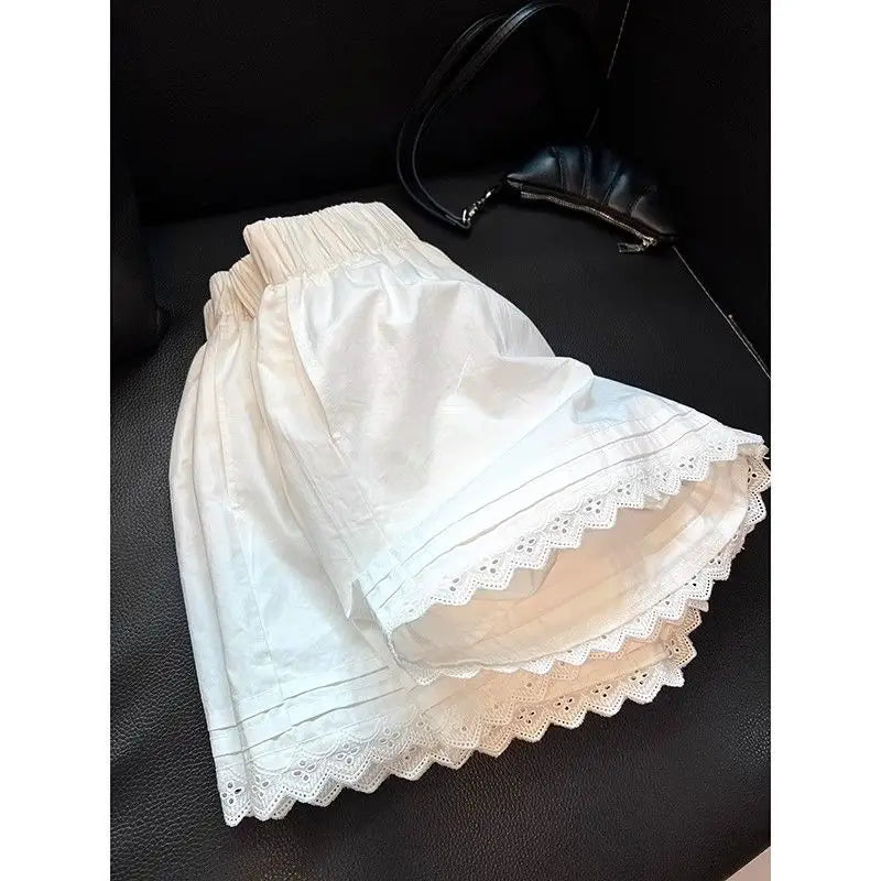 White Lace Trim Patchwork Casual Shorts for Women's High Waisted Wide Leg Vacation Beach Pants Loose Thin Bottoms Home Shorts