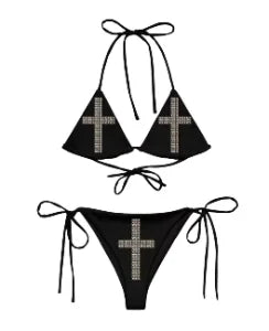 Striped Cross & Paw Print Bikini Set Women Triangle Halter Top Tie Side Bottoms Summer Y2K Punk Aesthetic Beachwear