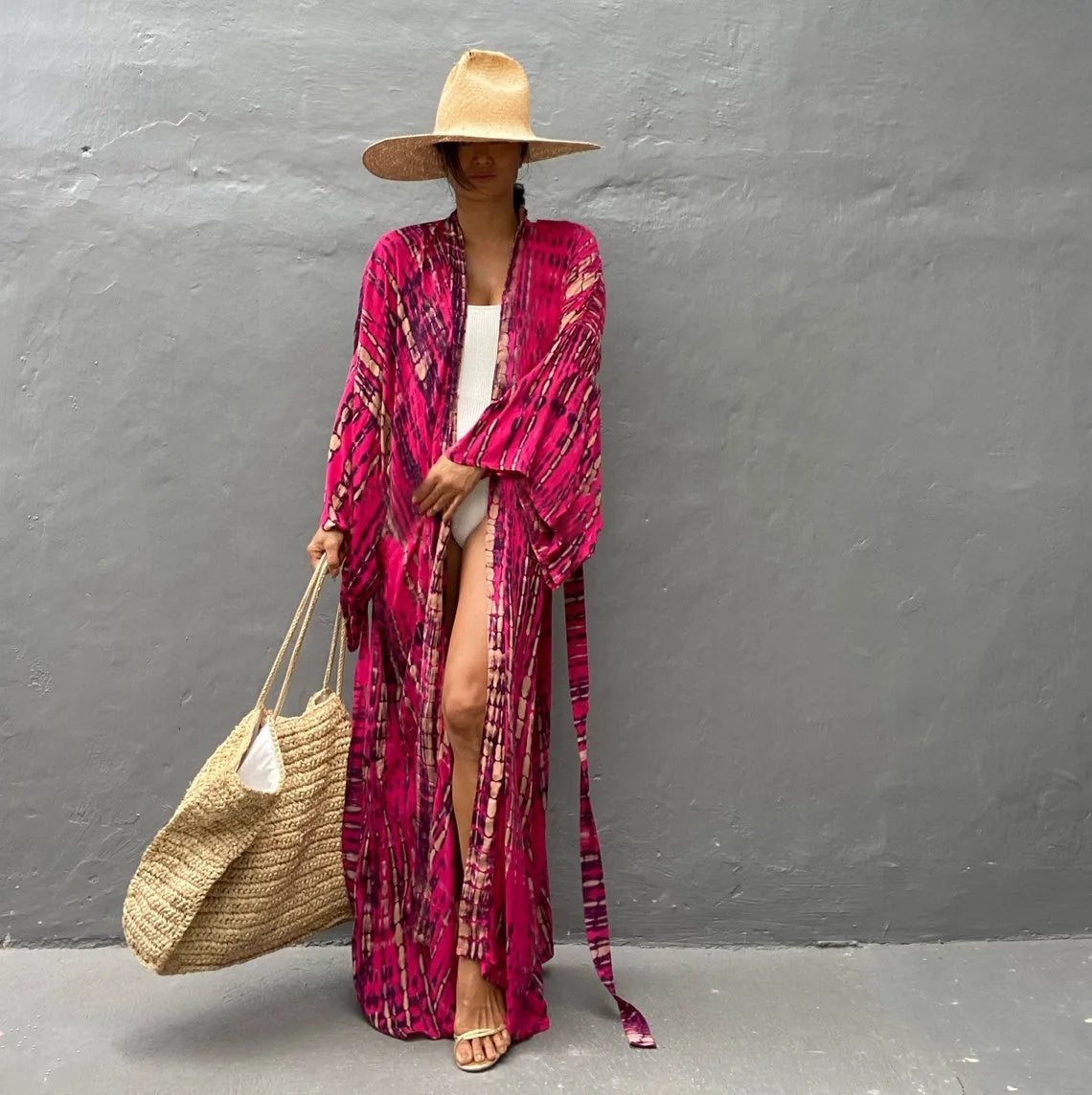 Women's Boho Stripe Tie Dye Swimsuit Cover Up with Belt Tunic Sarong Cardigan Dress Bikini Cover-ups Beach Wear Kimono