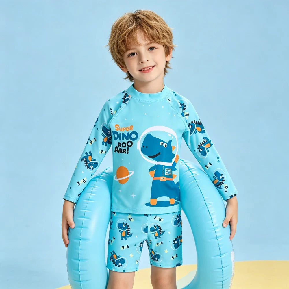 2Pcs Kids Long Sleeve Swimwear Set Boys Girls Cartoon Rash Guard Swimsuit Sun Protection Beachwear for Children Toddlers