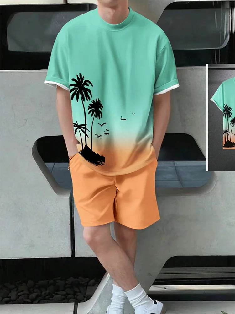 2025 Men's 2 Piece Set Hawaiian Fashion Men's T-shirt Shorts Set Daily Casual Men's Short Sleeve Top Outdoor Beach Men's Short