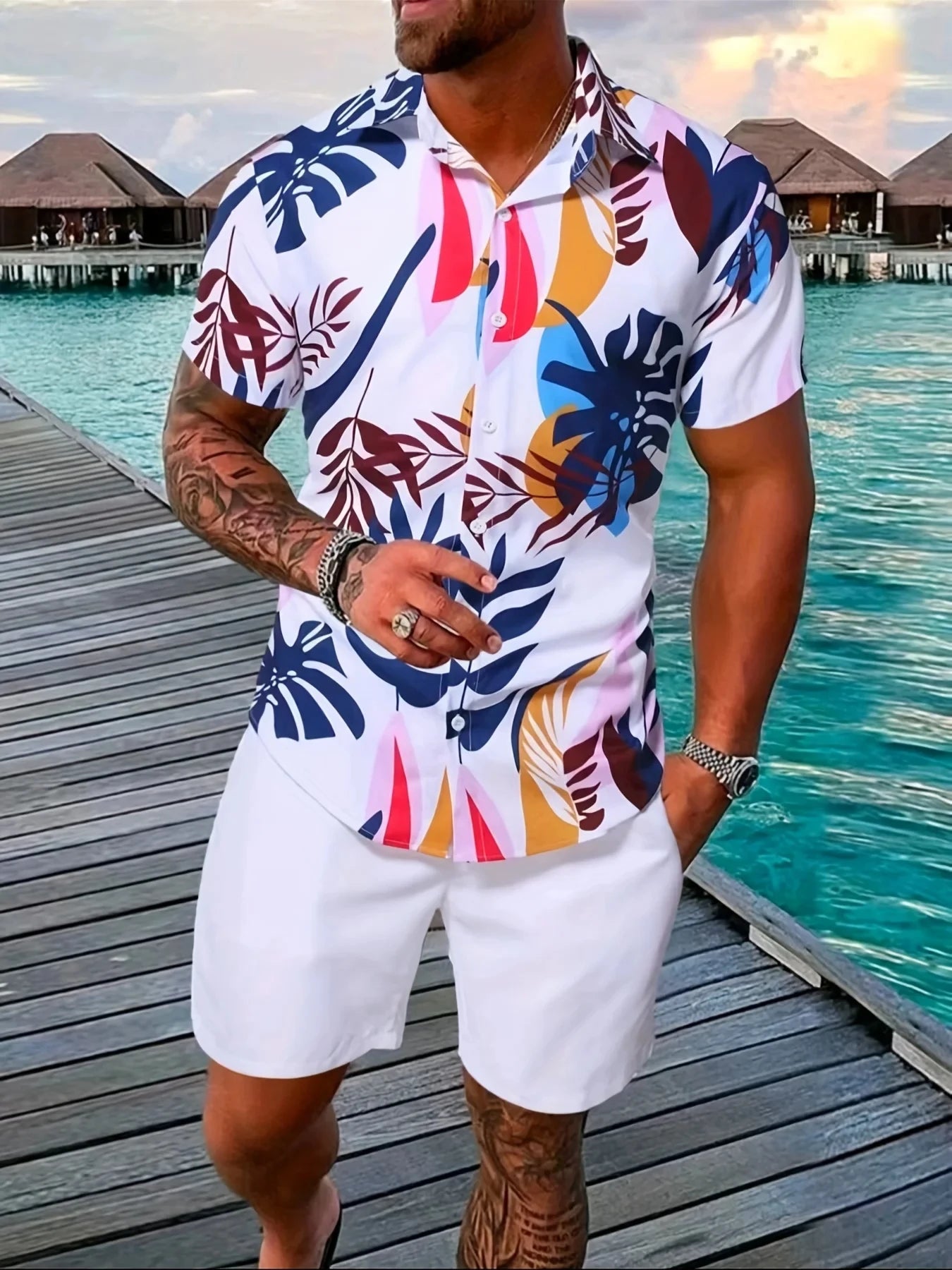 Men Sportswear 2PCS Shirts Suits Man 3D print Fashion Shirts+Shorts Two Piece Sets Hawaii Beach lapel Shirt Set Unisex Clothing