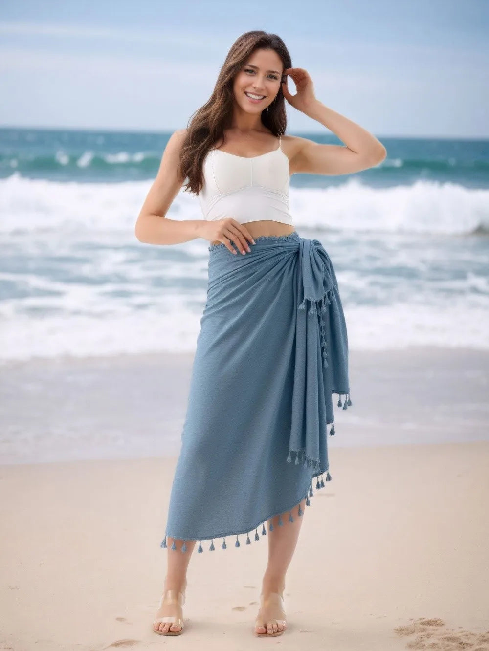 Solid Color Beach Wrap Skirt Sheer Design Quick Drying Sarong Beach Towel Knot Side Tassel Trim Bikini Cover Up