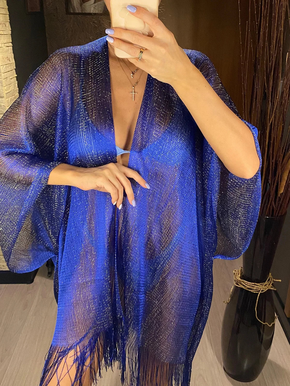 Sexy Fringe Tassel Sheer Knitted Beach Cover Up Dress Shiny Mesh Tunic for Women Swimwear Mesh Cover Lightweight Beach Dress