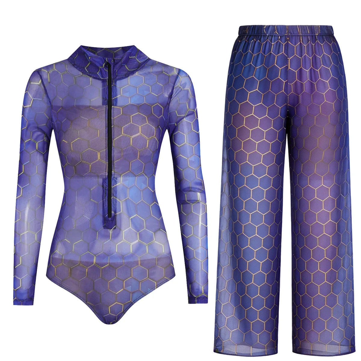 Women's Long Sleeve Swimwear Sunscreen One Piece Swimsuit High Elastic Thickened Mesh Loose Pants SPF35+ New Fitness Beachwear