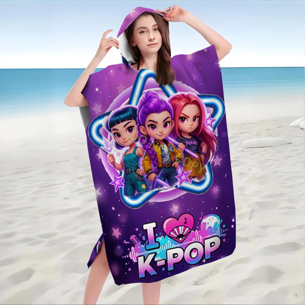 K-K-POP Kids Hooded Beach Towel, Purple Starry Girls Bath Robe Poncho