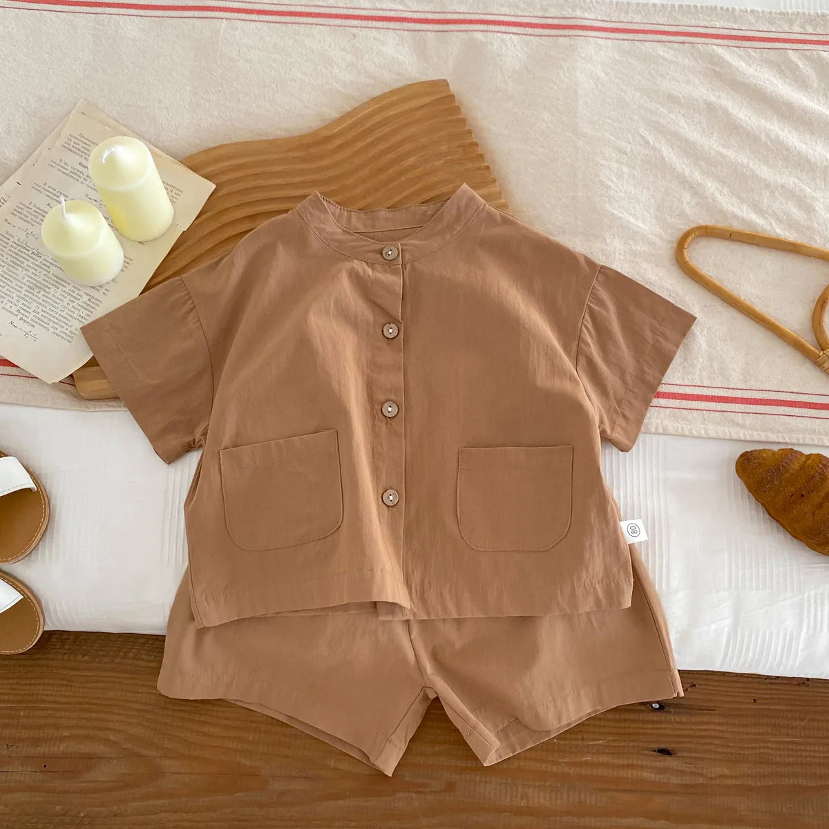 2pcs Summer Thin Short Sleeve T-shirt and Shorts Set Small Stand Collar Cool Toddler Boys Baby Girls Casual Beach Suits